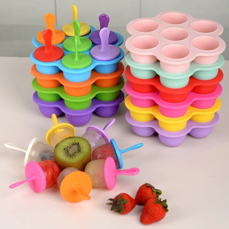 7 Holes Ice Cream Ice Pops Mold Food Grade Silicone Popsicle Mould Maker Baby Food Supplement Tools Fruit Shake Accessories