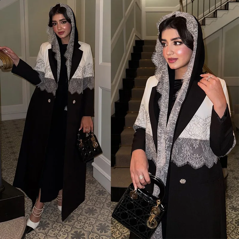 Modest Lace Trim Abaya Middle East Open Front Abaya Headscarf Lapel Abaya Long Sleeve Kaftan Robe Muslim Dress For Women 1