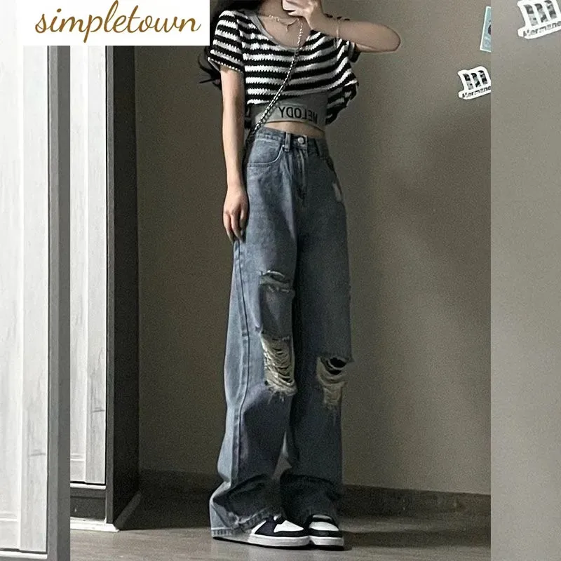Korean Spring/Summer Temperament Perforated Women's Jeans 2023 New Large Straight Leg Jeans Trend