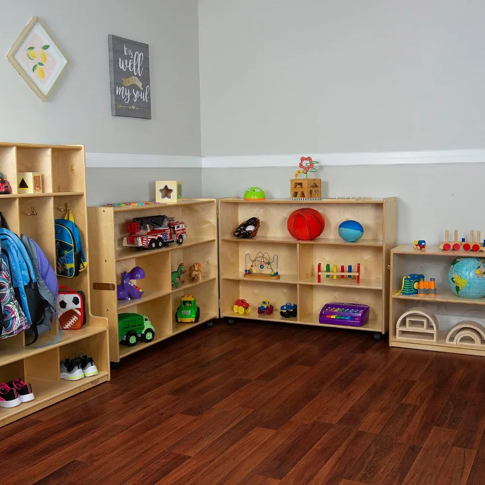 Extra large folding mobile storage organizer for daycare classroom preschool wood furniture on rolling casters with 4 shelves
