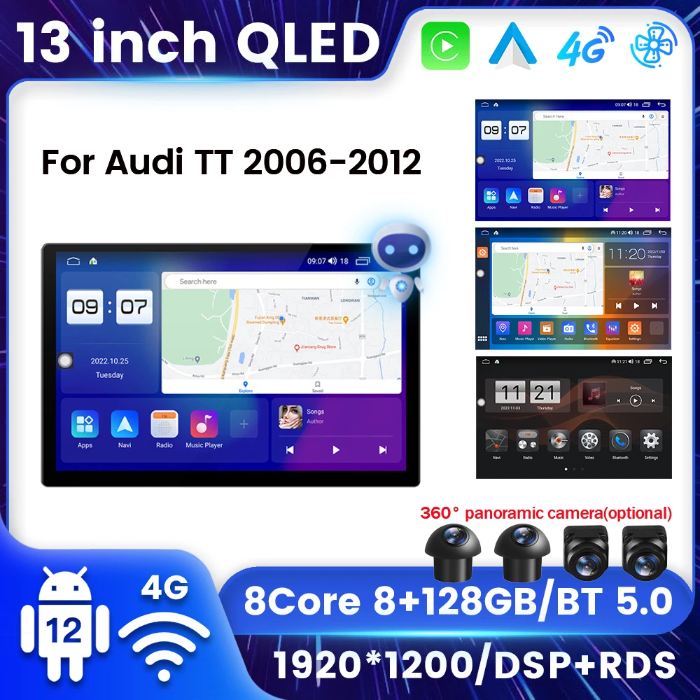 

QLED Screen Android 12.0 Car Radio For Audi TT MK2 8J 2006-2014 GPS Navigation Multimedia Player Carplay Support 360 Camera DSP