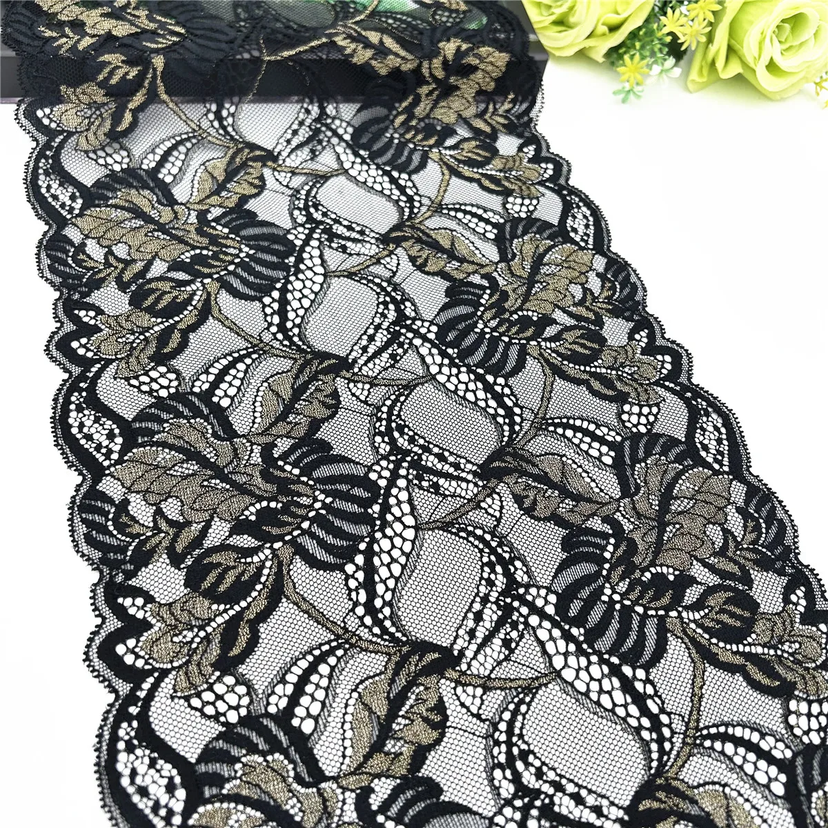 3y/lot Width 23cm Black Gold Shiny Wedding Elastic Stretch Lace Trim 4
