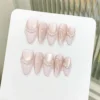 10pcs Gentle Pink Almond Handmade Fake Nails French Style Cat's Eye Temperament False Nail With Bowknots Pearl Press On Nails