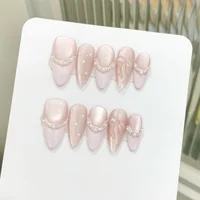 10pcs Gentle Pink Almond Handmade Fake Nails French Style Cat's Eye Temperament False Nail With Bowknots Pearl Press On Nails