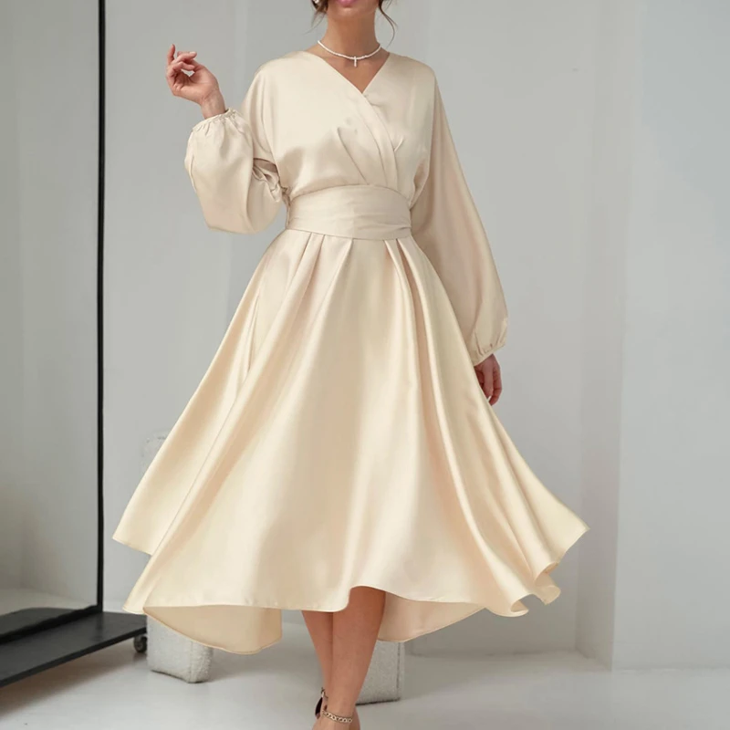 

2022 autumn Europe and the United States new style satin dress temperament slim A-line skirt long sleeve dress dress