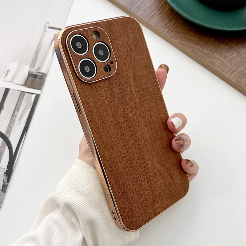clear iphone 12 mini case Luxury Wood Texture Leather Case For iPhone 13 12 Pro Max Plating Soft Silicone Bumper Shockproof Armor Full Protective Cover on cute iphone 12 mini cases