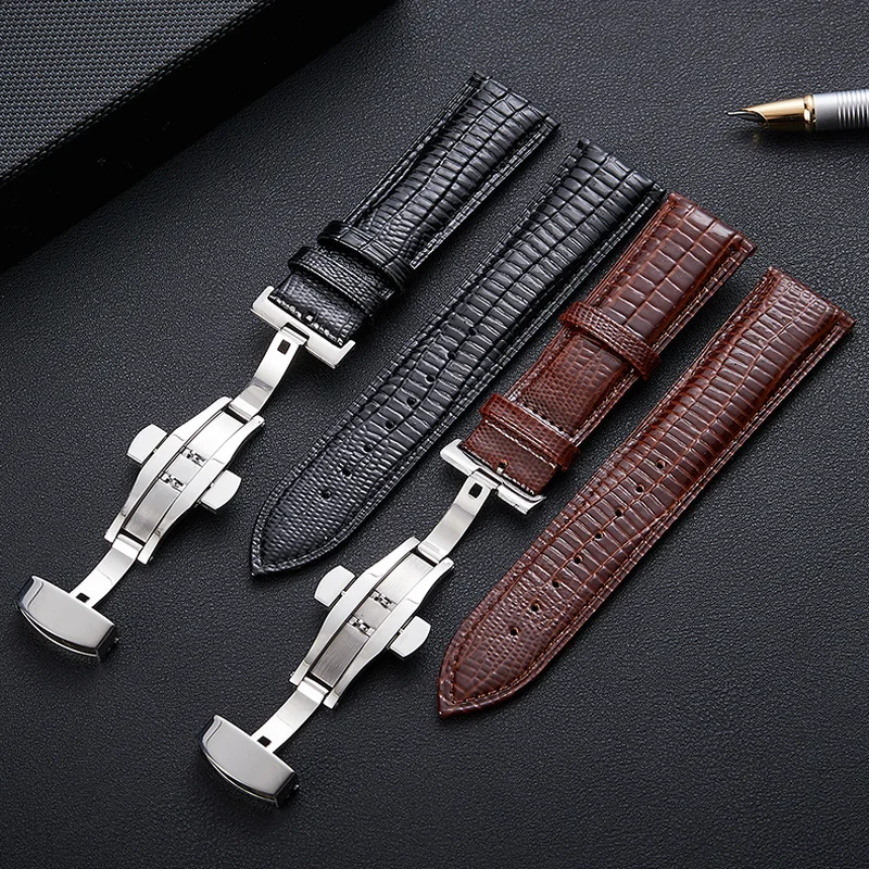 

Butterfly Buckle Lizard Pattern Cow Leather Watch Strap Universal Replacement Watchband 14mm 16mm 18mm 20mm 22mm 24mm