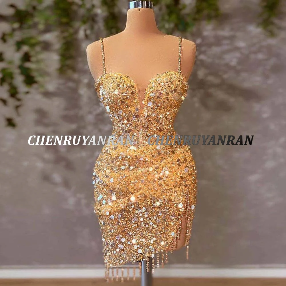 Yellow Cocktail Dresses Spaghetti Strap Bead Evening Formal Gowns Sparkle Tassel Elegant Dress Women Wedding Party GDS980045