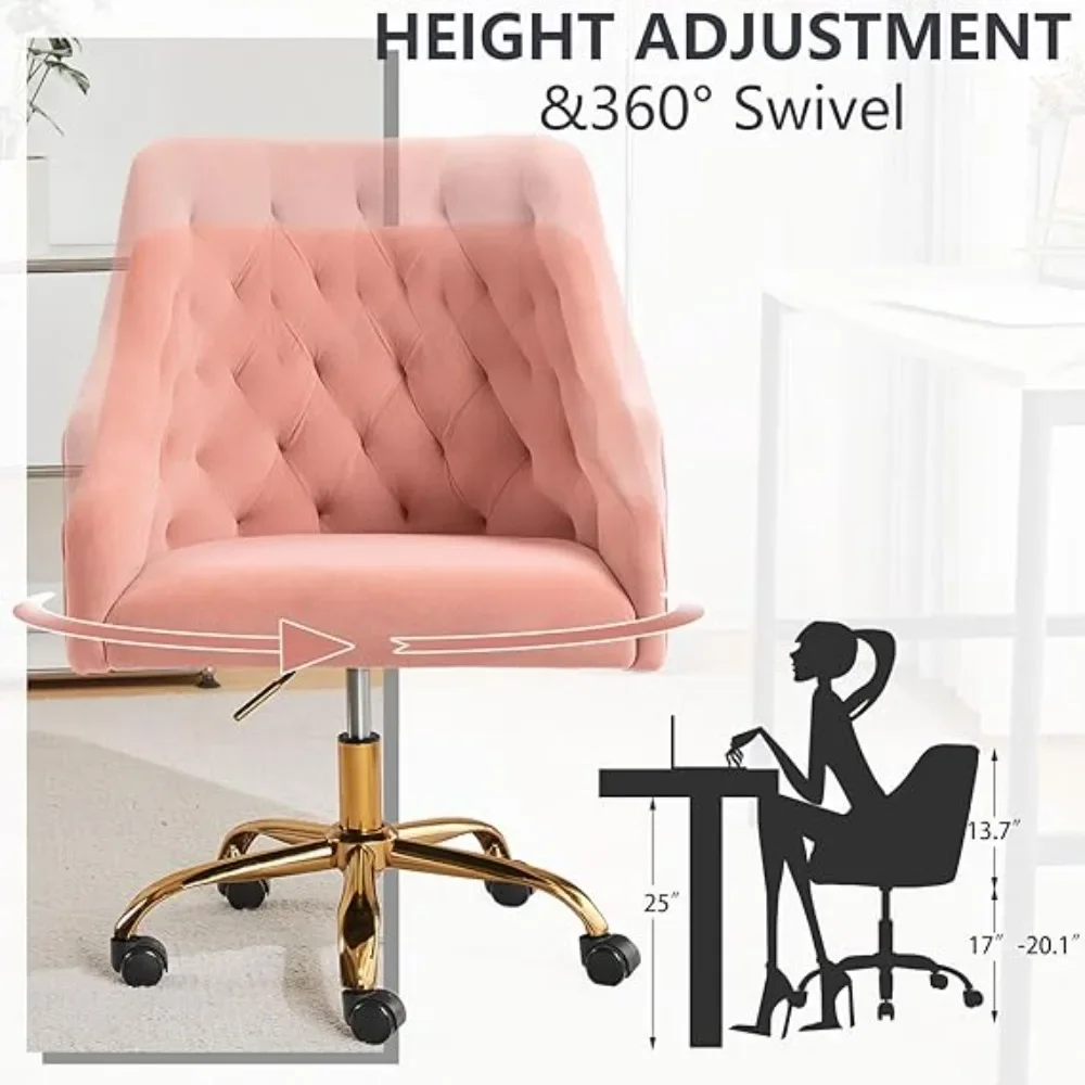 Velvet Fabric Pink Desk Chair for Home Office, Modern Adjustable Swivel Task Chair, Bedroom Vanity Chair for Girls Women 5