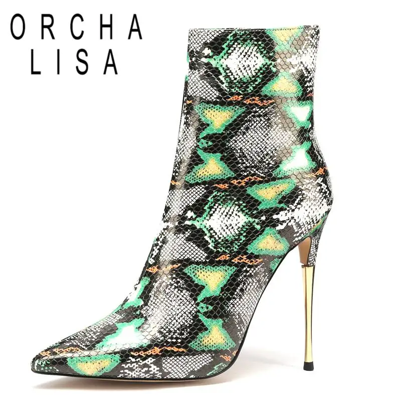 

ORCHA LISA Women Boots Mid-Calf Pointed Toe Thin Heels Snakeskin Big Size 34-44 Mix Color Black Orange Fahion Female Shoes S3971