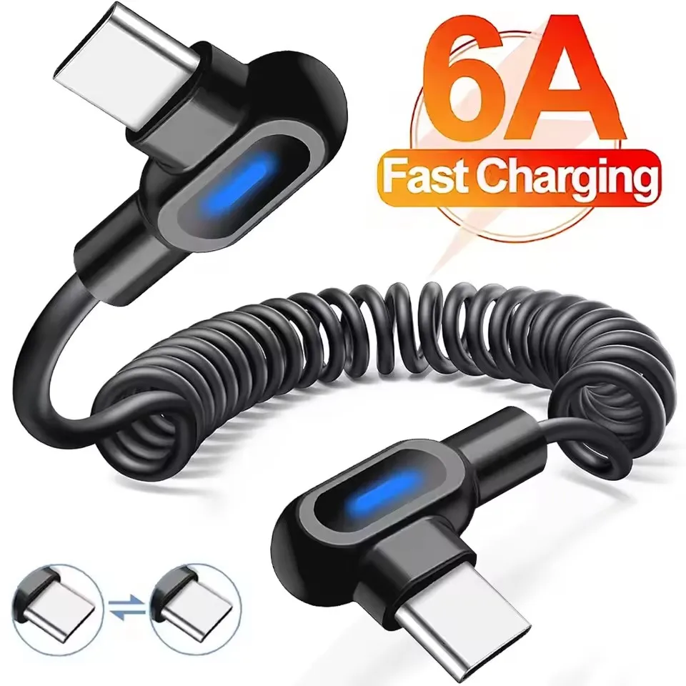 Retractable Coiled USB-C Cable, 6A Quick Charge, 90-Degree Spring Design