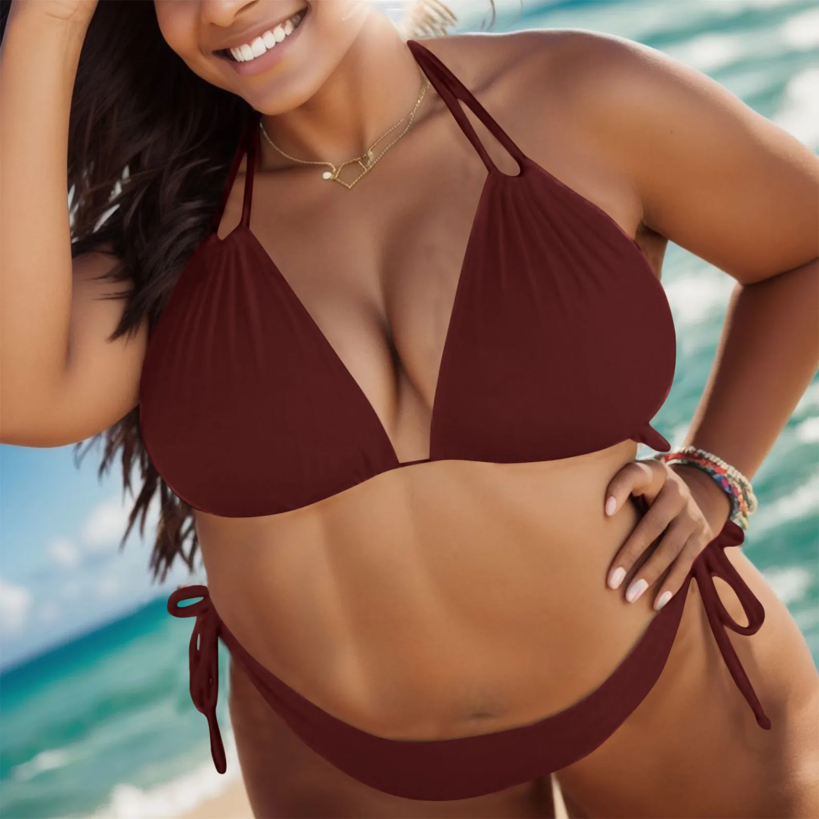 

Комплект бикини большого размера с лямкой на шее, однотонный бразильский купальник с чашками пуш-ап, мягкий бюстгальтер, стринги, купальник из двух предметов, пляжная одежда, купальный костюм