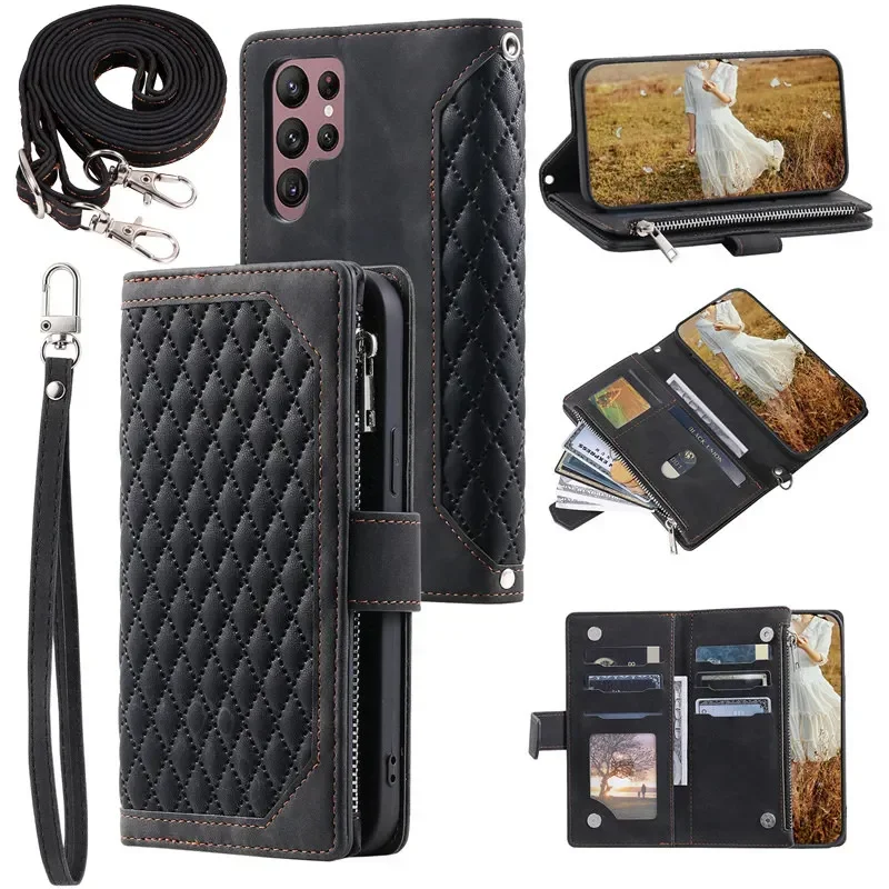 Elegant Flip Leather Phone Case with Long Lanyard and Zipper Wallet Card Holder