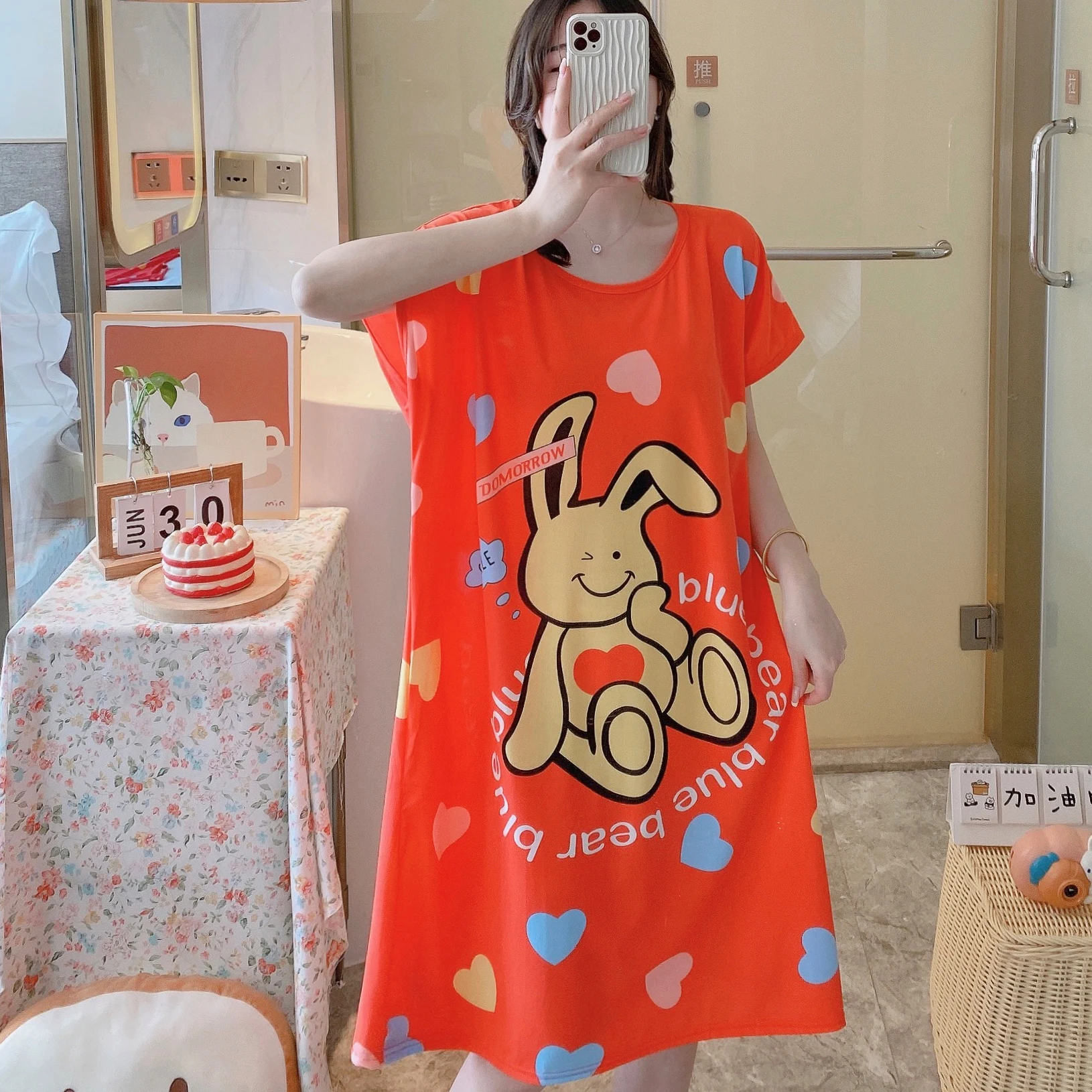 1PC, Summer And Autumn Cool Cute Girls Cartoon Nightdress, Comfortable Short-sleeved Dress, Women's Home Wear, Polyester Pajama