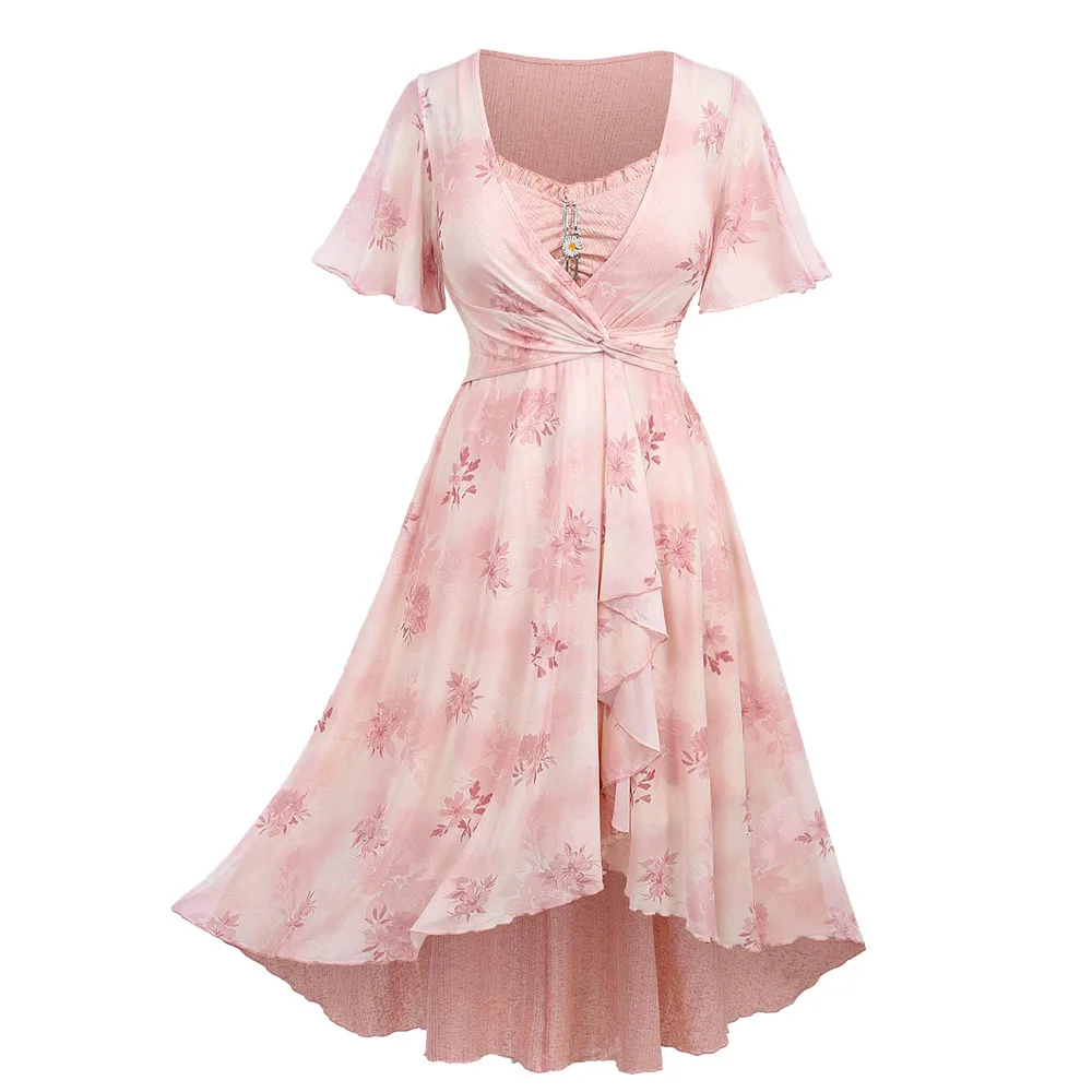 

ROSEGAL Plus Size Elegant Long Dresses For Women Floral Print Twist Ruffles Ruched Layered High Low Dress Light Pink Vestidos 5X