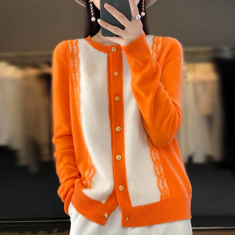 

Fashion Lace Style 2023 Spring Women Cardigans 100% Pure Wool Knitted O-Neck Female High Quality Standard Woolen Tops