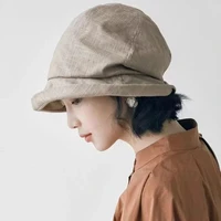Japanese Cotton Linen Pleated Women Fisherman Hat Small Brim Summer UV Resistant Breathable Linen Basin Hat Wrapped Head Ladies 1