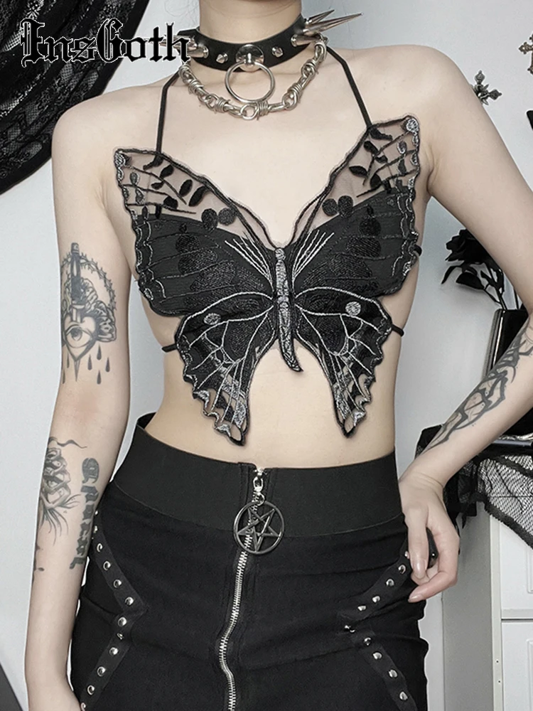 Insgoth Gothic Butterfly Lace Crop Tops Women Y2k Harajuku