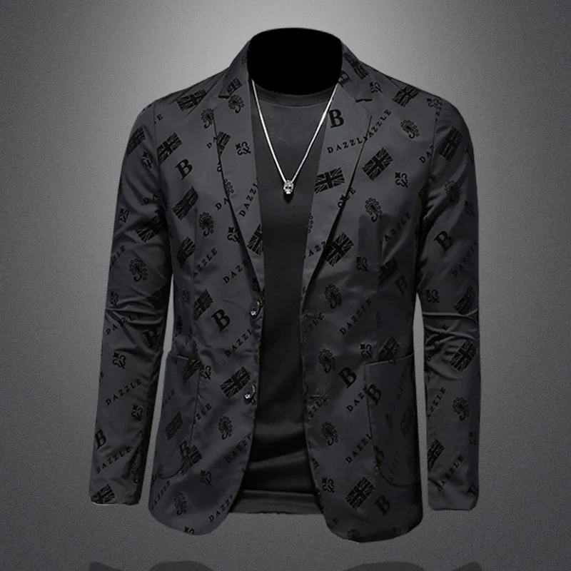 Letter Flocking Printed Men's Blazer Luxury Spring Autumn Solid Color Single Breasted Business Casual Jackets