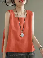 ZANZEA Summer Tanks Tops Women Square Neck Sleeveless Blouse Elegant Cotton Shirt Casual Solid Holiday Beach Blusas Female Tunic