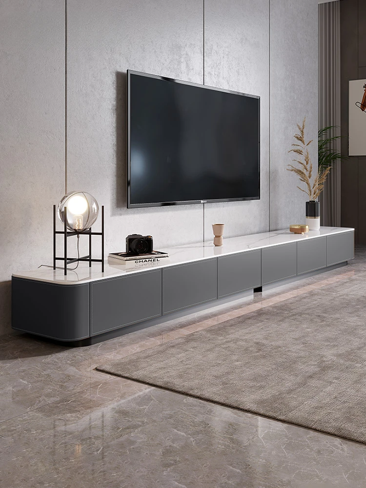 

Italian minimalist saddle leather ultra long TV cabinet, coffee table combination, modern household light luxury high-end rock