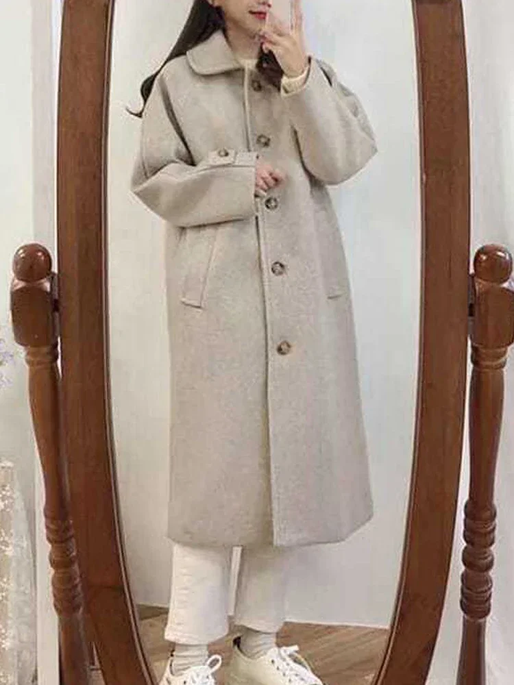 

Winter Long Coat Women Korean Faux Woolen Thicked Jacket Female Elegant Single Breasted Overcoat Vintage Harajuku Blends Coats