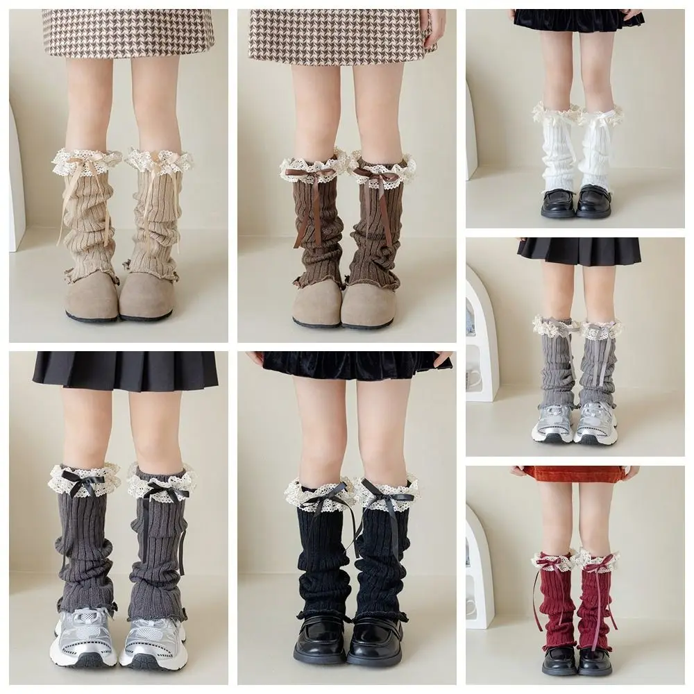 Fashion Harajuku Bow Ribbon Leg Warmers Solid Color Sweet Lolita Knitted Socks Long Stockings Kawaii Knitted Foot Cover Girls