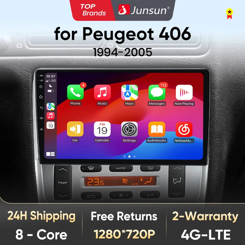 Junsun AI Stimme Autoradio Für Peugeot 406 1994 1995-2005 Drahtlose Carplay Android Auto 4G LTE Auto intelligente Systeme GPS Navi