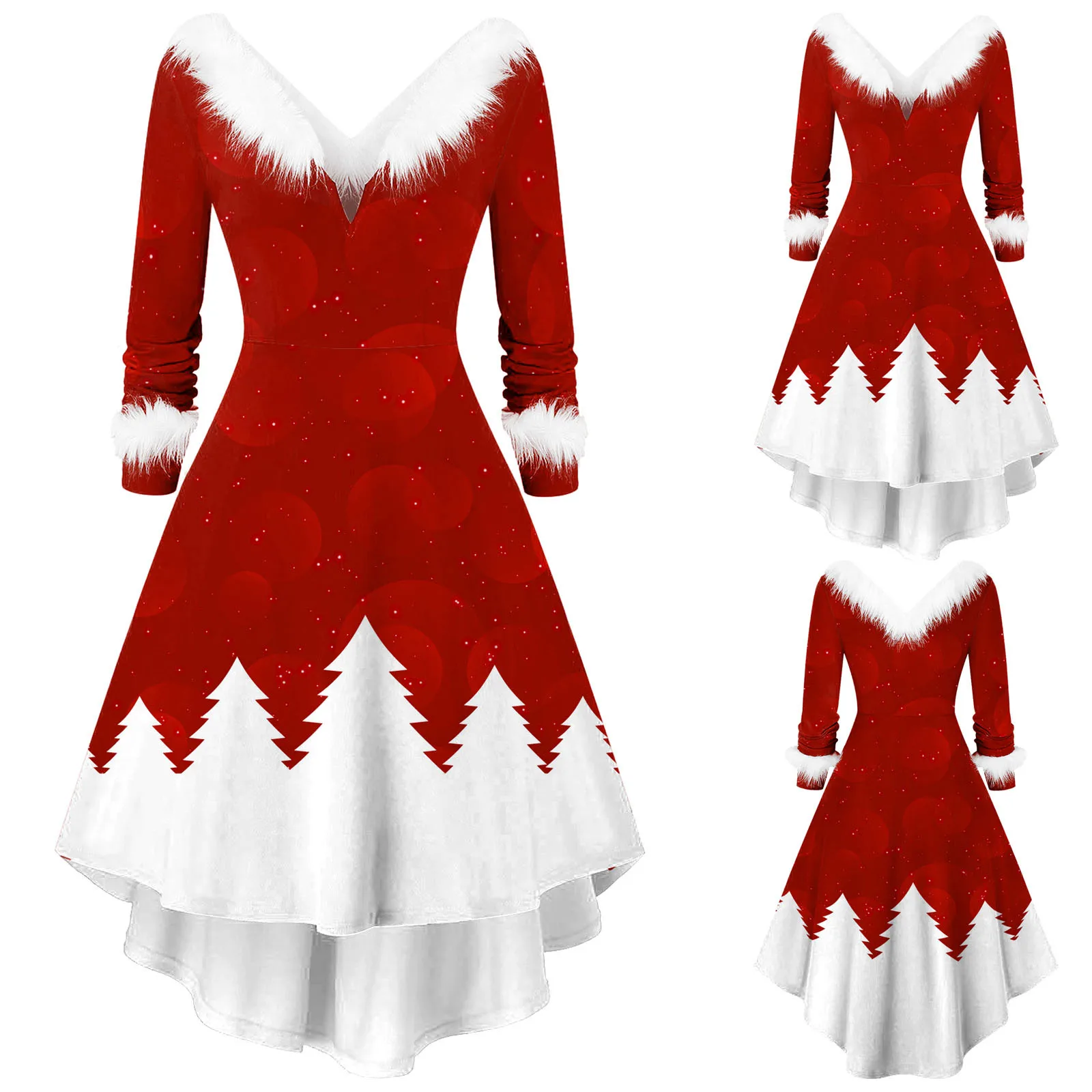 Red New Year Christmas Dresses for Women Santa Claus Cosplay Costumes Furry Collar Long Sleeve Party Holiday Dress Xmas Robe