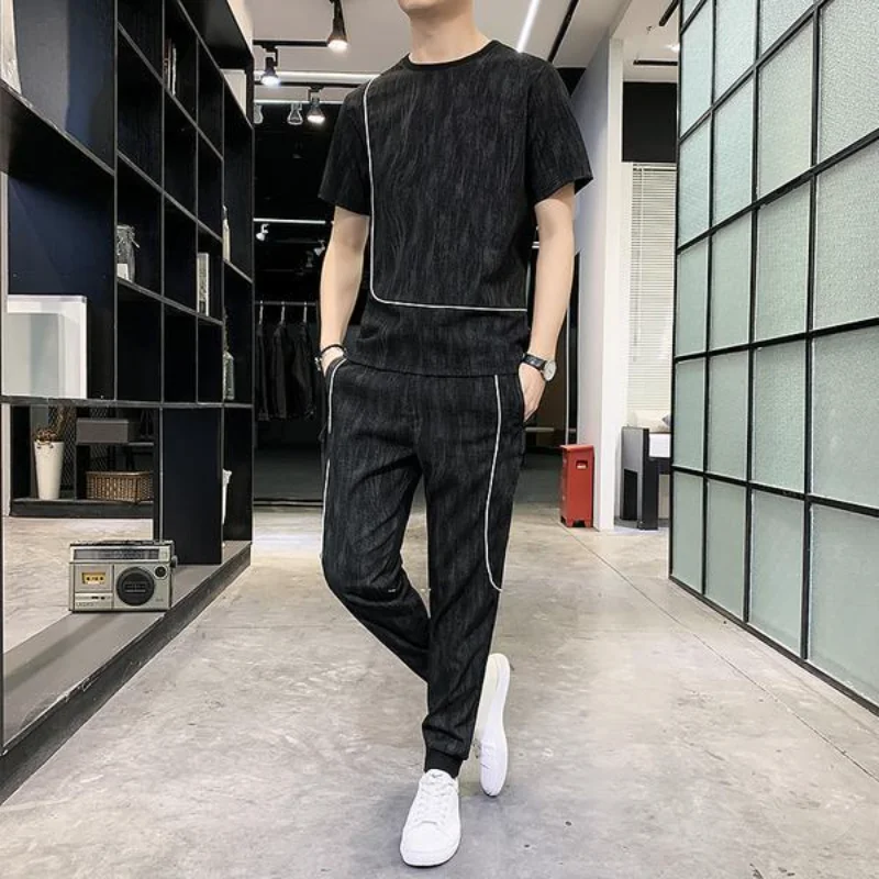 Top Pants Sets for Men Cool High Quality Male T Shirt Summer Loose Original Brands Novelty In Nylon Korean Style No Logo Clothes
