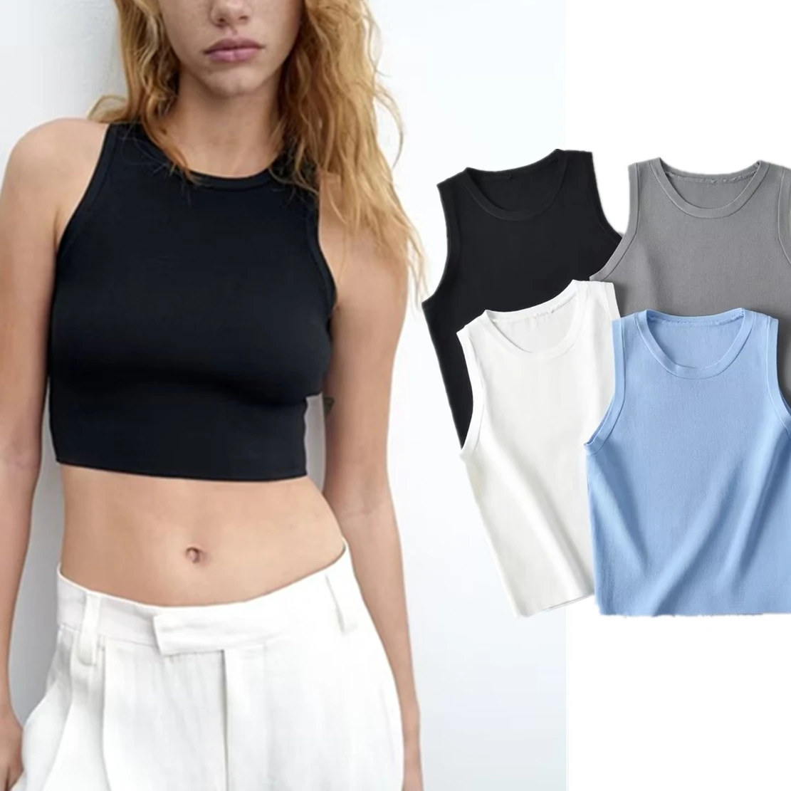 

Withered Fashion High Street Sexy Tank Tops Multicolor Knitted High Waist Crop Summer Tshirts Women