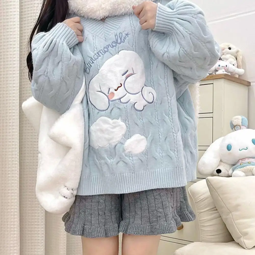 

Kawaii Sanrio Cinnamoroll Light Blue Tops Loose Embroidery Twist Knit Sweater Female Lazy Sweet Cinnamoroll Autumn Winter Tops
