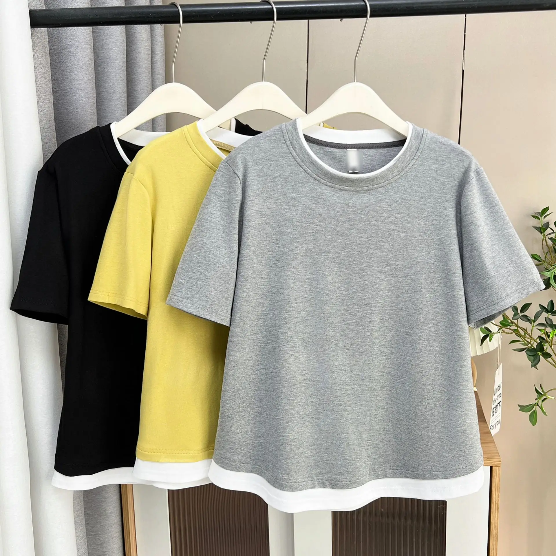 Summer Top New 100kg Casual Color Contrast Fake Two Pieces Short Sleeve Tees Plus Size Women T-shirt 2236