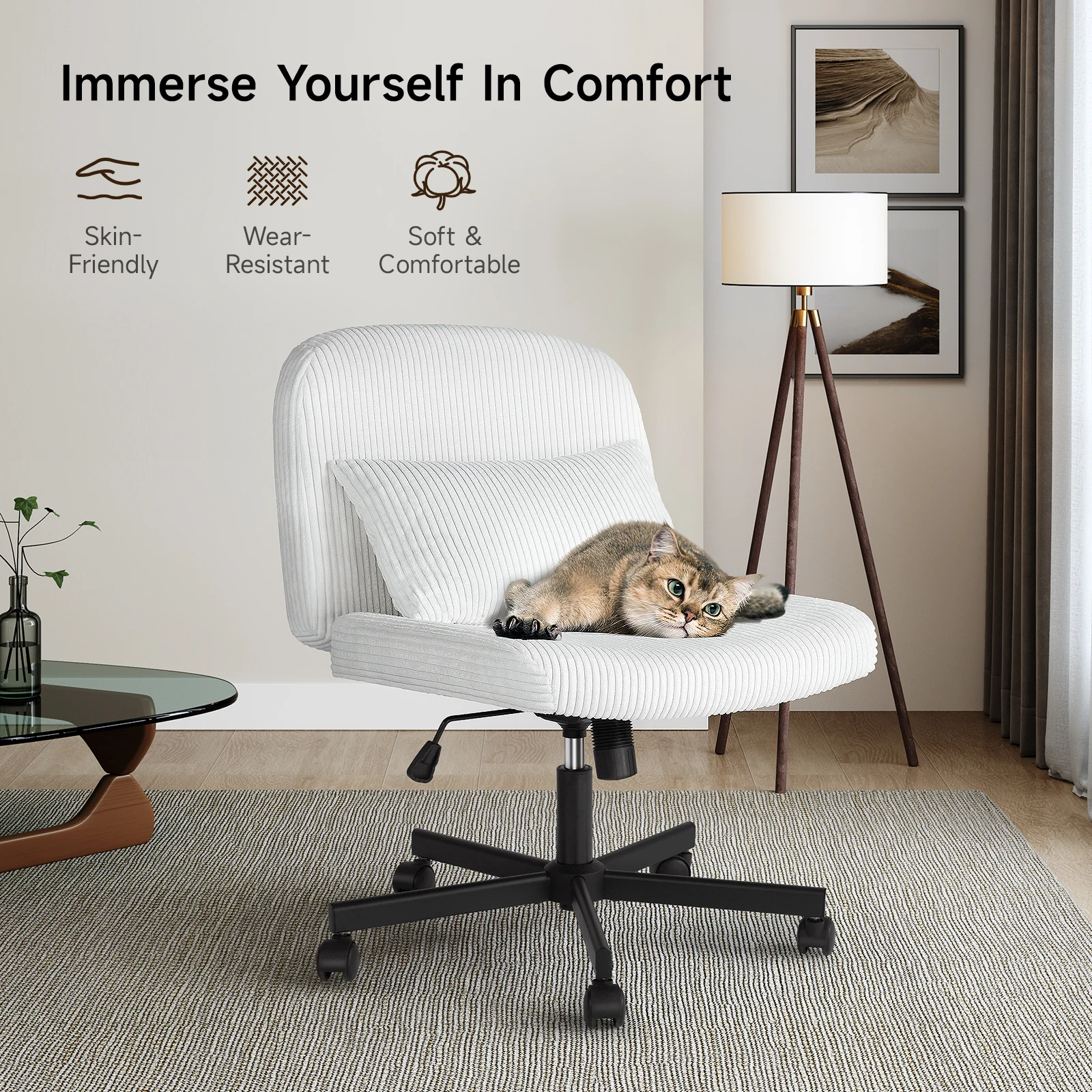 Massage Cross Leg Office Chair w/ Double Layer Sponge Cushion,Corduroy/Pearl Velvet Wide Armrest Desk Chair Mid Back Adjustable 2