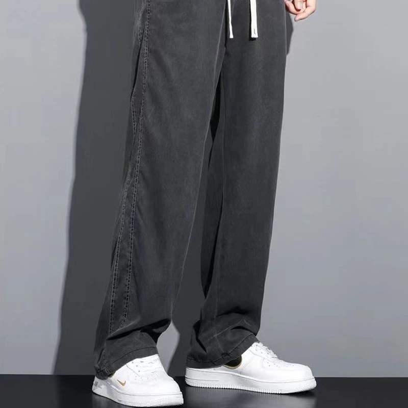 2023 Spring Summer New Solid Color Wide Leg Trousers Man Elastic Waist Pockets Fashion Casual Ice Silk Fabric Cowboy Trousers