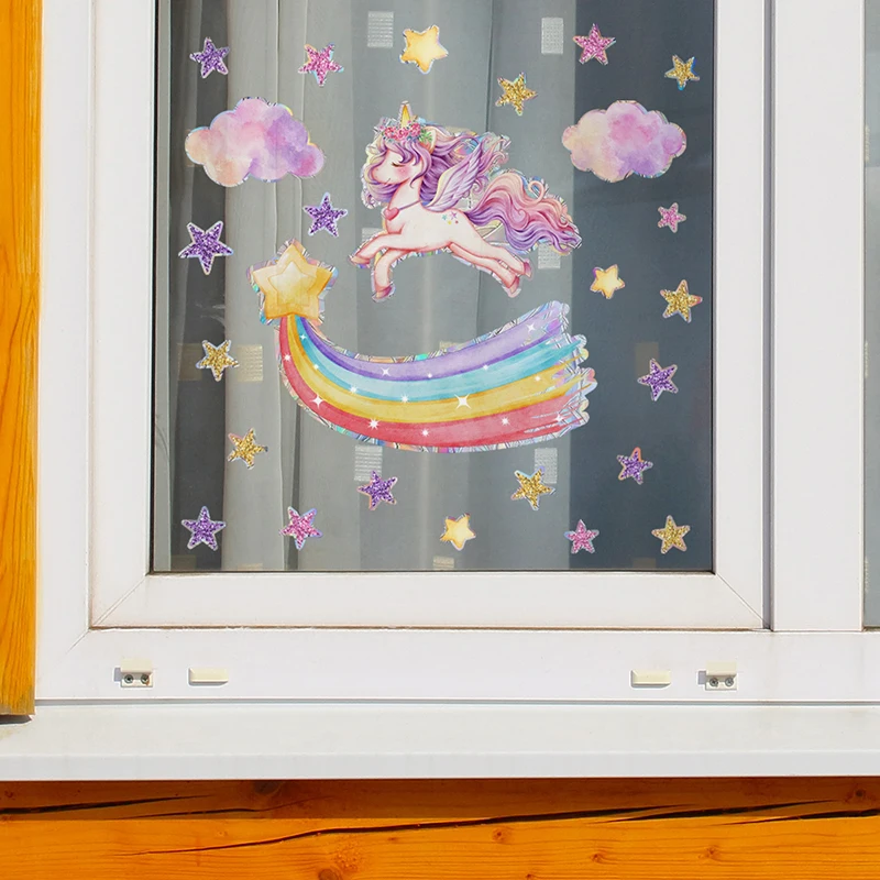 T827#Rainbow Unicorn Star Stickers Colorful Sunlight Electrostatic Stickers Window Glass