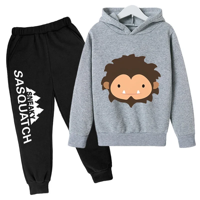 thumbnail image 1 of Conjunto de sudadera con capucha y pantalones de polar para niños, conjunto de 2 piezas, chándal, estampado de cabeza grande de Sasquatch furtivo, 1 of 5