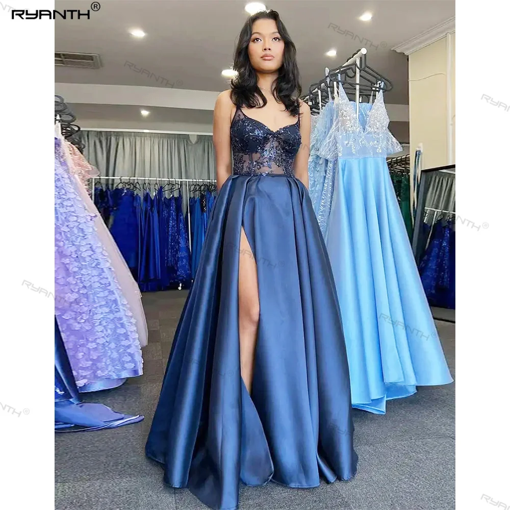 

Navy Blue Sexy V-neck A line Split Front Prom Dress Illusion Backless Lace Beading Floor-Length Party Evening Gowns Celebrity