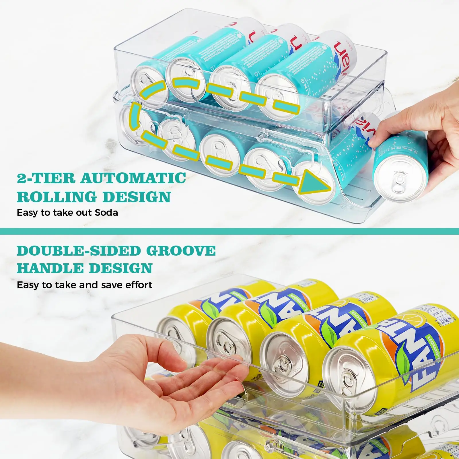 2 Pack Soda Can Organizer Dispenser for refrigerator 2 Tier Automatic Rolling Beverage Beer Soda Can Holder for Fridge, Pantry 3