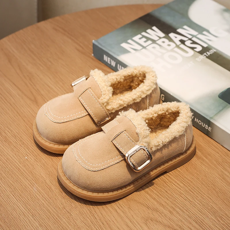 Winter New Children Leather Shoes Warm Outdoor Girls Causal Cotton Shoes Solid Color School Simple Kids Fashion Flat Plush Shoes