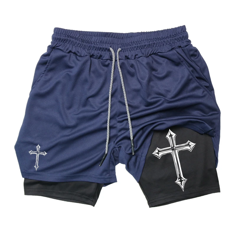 Men's cross printed 2-in-1 training shorts with compression lining, Christian gym sports shorts, phone pocket, towel buckle, run 4