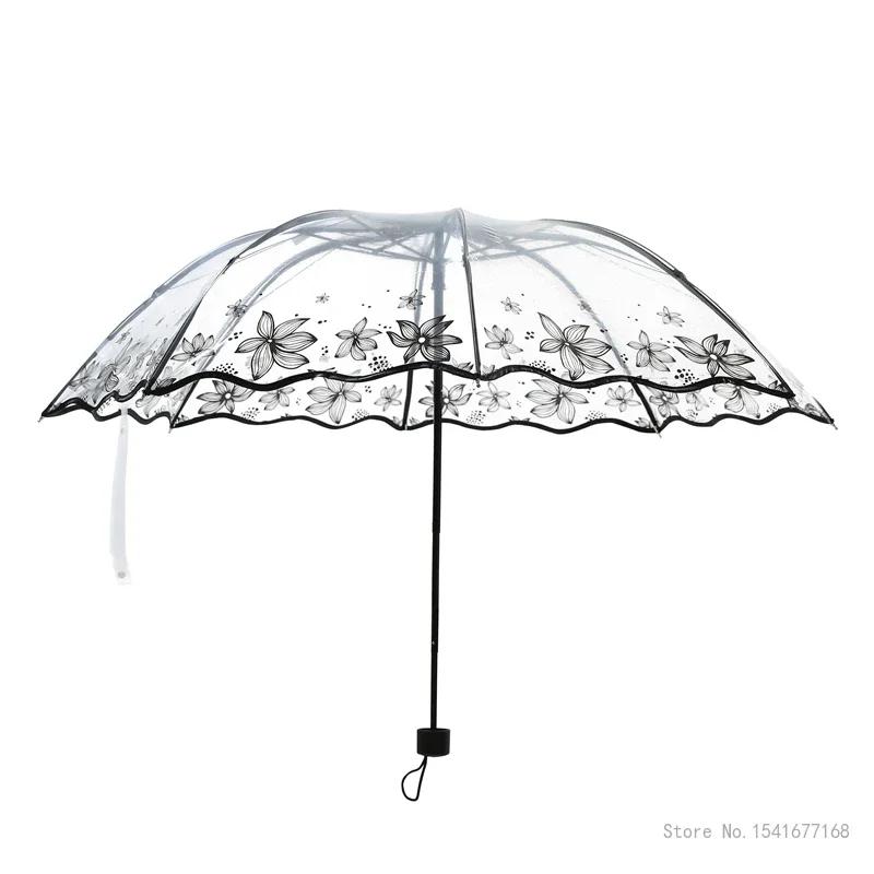 Women's Transparent Thickened Summer Flower Printed Umbrella, Rain Gear Folding Portable Manual Beach Umbrella, 1Pc