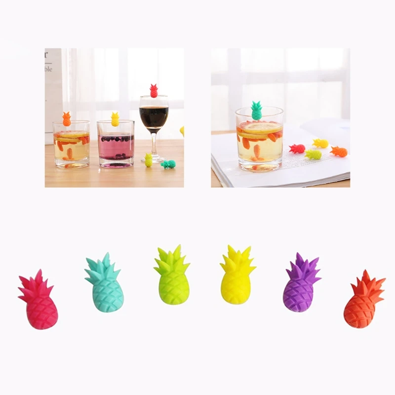 KX4B Wine Glass Markers Set of 6 Pineapple Silicone Drink Glass Tags Identification Cup Labels Signs Party Bar