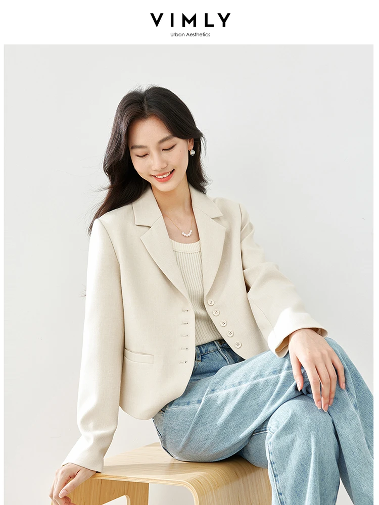 Vimly Spring Cropped Suit Jacket Women Blazer Solid Notched Single Breasted Long Sleeve Coat Office Ladies Outerwear M5168