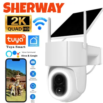 2K Tuya Solar Outdoor Camera WiFi PTZ Wireless Solar Panels IP Camera 5MP Built-in Battery Video Surveillance Long Time Standby 1