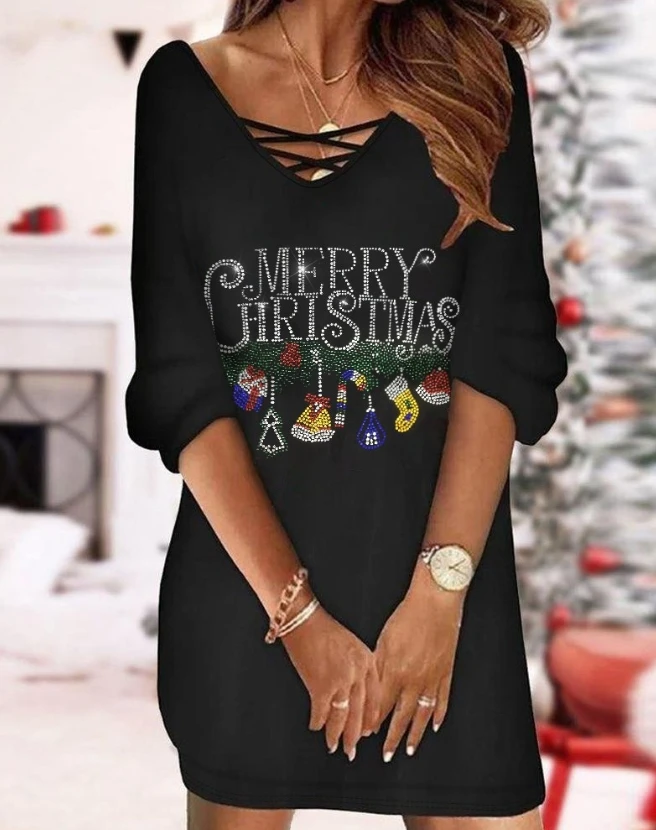 

Womens Dresses 2023 Spring Fashion Rhinestone Christmas Graphic Pattern Casual V-Neck Long Sleeve Daily Mini Straight Dress