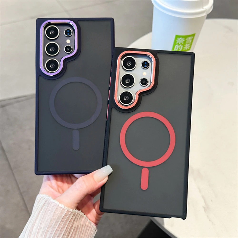 Luxury Matte Magnetic Phone Case For Samsung Galaxy S24 S23 S22 Ultra Plus For Magsafe Wireless Charging Shockproof Back Cover