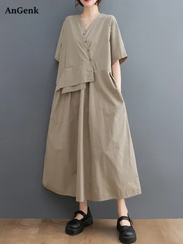 Khaki Vintage Patchwork Summer New In Dresses For Women Korean Fashion Short Sleeve Loose Casual Long Dress Elegant Clothes 2026 1