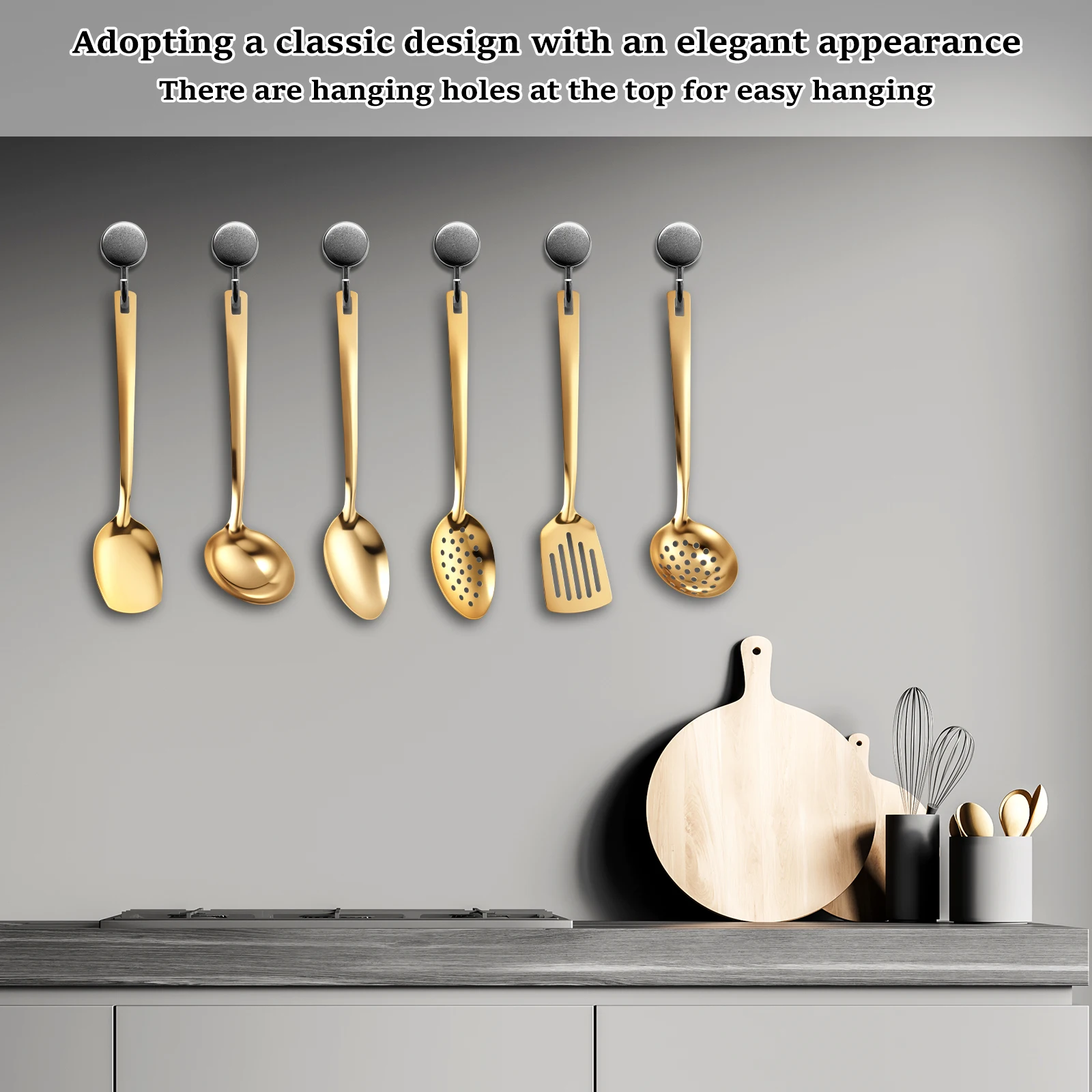 6pcs Kitchen Utensil Set Stainless Steel Spoon and Spatula Set Cooking Utensils Set with Hanging Hole for Nonstick Pans Cookware