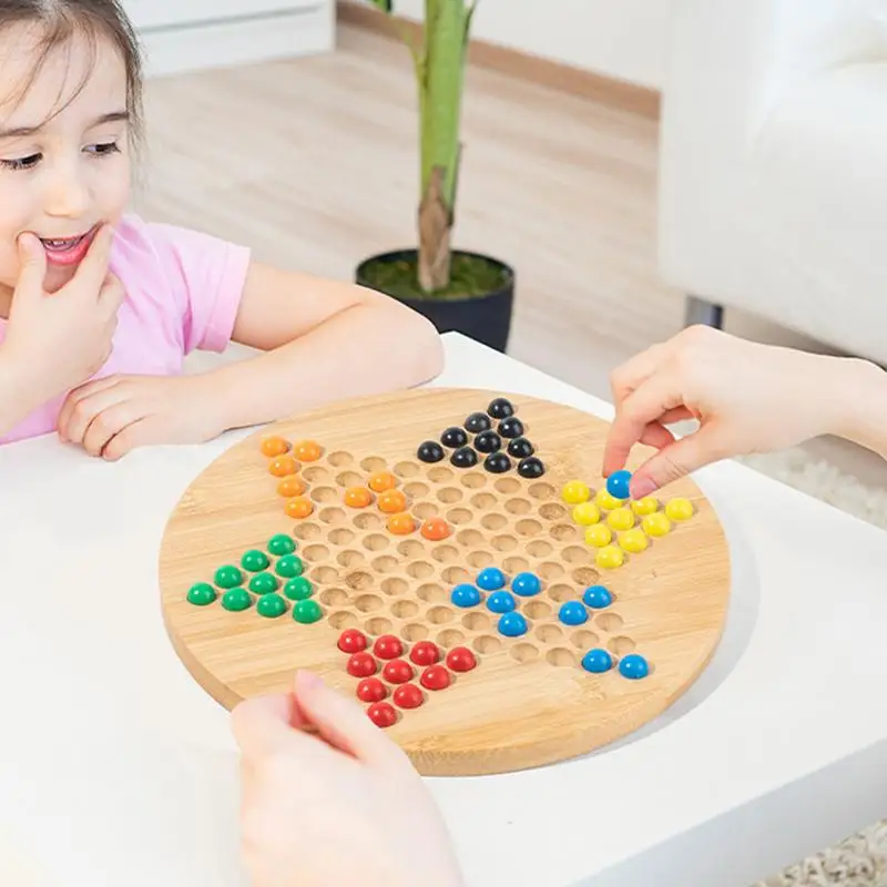Wooden Checkers Board Game Glass Beads Chinese Wood Hexagonal Checkers Plate Glass Marble Board Games For Friends Famil